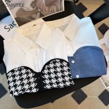 Patchwork Shirts Frauen Adrette Chic Entwickelt BF Sommer Crop Tops Koreanische Stilvolle Schöne Junge Ulzzang OL Elegante Revers 2023