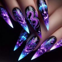24 Pcs Fake Nails with Glue Long Almond Stiletto Press on Nails with Charms Chinese Style Colorful Dragon Gradient Nail Tip 2024