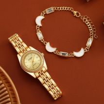 Fashion Round Dial No Numbers Steel Band Women's Quartz Watch Crescent Bracelet Set of 2 for Holiday Remembrance Day Gifts