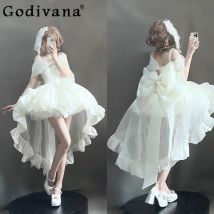 Schwere Industrie Weißes Lolita Prinzessinnenkleid Damen Süßes süßes trägerloses Geburtstagspartykleid Dame Große Schleife Lange Schleppkleider