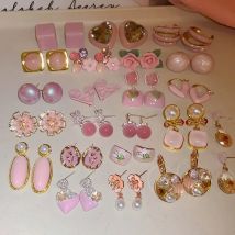 Minar Niedliche Ohrringe mit mehreren rosa Opal-Strass-Herzen, Blumen, geometrischen Formen, Emaille, simulierten Perlenanhängern für Damen