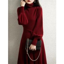 Turtleneck Women Warm Knit Sweater Dress 2022 Autumn Winter Lantern Sleeve Knitted Dress Burgundy Black Long Party Dresses