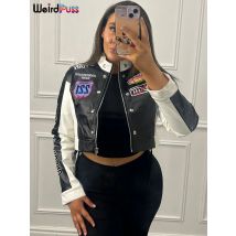 Weird Puss Hipster Crop Jacket Women Y2K Letter Print Hipster Uniform Street Patchwork Single-Breasted Hipster Autumn Trend Coat
