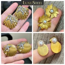 LUXUSTEEL Irregular Sun Flower Imitaiton Pearl Women's Stud Earring Stainless Steel Shell Starfish Female Earrings Jewelry Gift