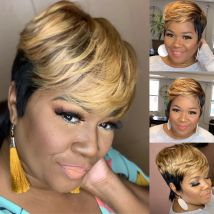 Wigera Highlight synthetische kurze gerade Pixie geschnittene Haare Bob Perücke Ombre Honig Blondine Mix schwarz Bronw geschichteten Haar Perücken für Frau