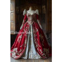 Abito da sera vittoriano bordeaux Fantasia con bouquet floreale applicato in oro sul petto Abito da cerimonia nuziale medievale personalizzato a maniche lunghe