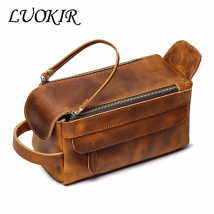 LUOKIR Vintage multifunktionale Handtasche aus echtem Leder, Herren-Make-up-Tasche, große Kapazität, Crazy Horse-Leder, Kulturbeutel-Organizer