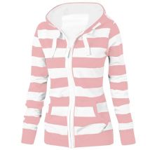2025 Winter New Womens Color Block Striped Fleece Jacket Slimming Long Sleeve Zip Hoodie Drawstring Warm Tops Double Pocket Coat