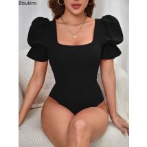 Neue 2026 Blase Hülse Schwarz Bodys Einfarbig Sommer Mode Temperament Slim Fit Sexy Tops Ein Stück Kleidung für Frauen