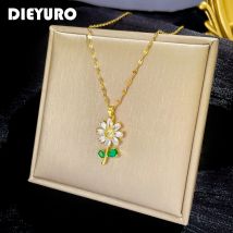 DIEYURO 316L Edelstahl Voller Zirkonia Blume Anhänger Halskette Für Frauen Neue Nette Süße Mädchen Schlüsselbein Kette Schmuck Geschenke