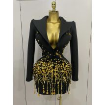 Sparkly Crystal Chains Pearls Long Sleeve Mini Dress 2025 Women Birthday Evening Party Nightclub Outfit Singer Wedding Costume