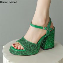 Frühling Sommer Frauen Sandalen glänzende Pailletten Stoff Mode alle passen quadratische High Heel Plattform Hochzeits feier Schuhe Damen Sandal ias