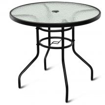 Tavolo da giardino con foro per ombrellone, 80 x 80 x 71 cm, tavolo da patio con piano in vetro temperato e struttura in metallo, tavolo rotondo da balcone