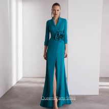 Vestido de boda para madre de la novia, personalizado, cuello en V, mangas 3/4, cola de barrido dividida con flores, vestido de invitados de boda, vestidos de fiesta