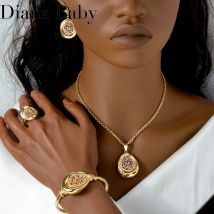 Dubai Gold Farbe Schmuck Set Wasser tropfen Anhänger Halskette Armband Ohrring Ringe bunte Zirkonia für afrikanische Hochzeits geschenk