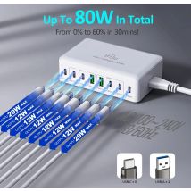8 Ports 80 W Multi-USB-Ladestation Reiseladegerät-Adapter Schnellladung für iPhone 16 Pro Samsung Smartphone-Ladegerät