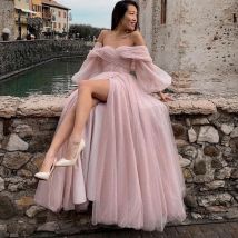 Bafftafe Abiti da ballo personalizzati in tulle rosa lucido con spalle scoperte Maniche lunghe a sbuffo Abiti da festa da sera Abito da sposa da donna con spacco
