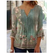 Frühling Sommer Damen bekleidung neue Mode Blumen druck sexy V-Ausschnitt kurz ärmel igen Falten knopf sieben Viertel ärmel T-Shirt