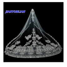 Maßgeschneiderter, luxuriöser, mit Perlen verzierter, 3M, 4M, 5M langer Hochzeitsschleier, applizierter, luxuriöser Schleier für die Braut mit einer Schicht, ohne Kamm, Velos de Novia