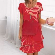 Frühling Elegante Mode Frauen Chiffon Sommer Kurzarm Oansatz Druck Lose Party Kleider Dame Casual 3D Druck Serie Kleid