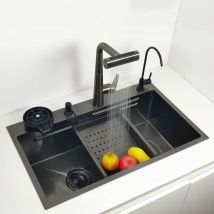 Waben-Küchenspüle, kratzfeste Nano-Technologie, linker Abfluss, ober montiertes Waschbecken, Waschbecken aus Edelstahl, Wasserfall-Wasserhahn