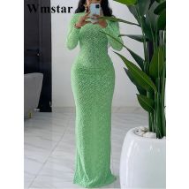 Wmstar Frauen Kleid Herbst Elegante Mode Einfarbig Langarm Pullover Rundhals Bodenlangen Schlank Boydcon Party Kleider