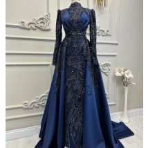 Marineblau Blumen applikation Vintage Abendkleider lange Ärmel hoher Hals mit abnehmbarem Zug muslimischen Luxus formellen Party kleid