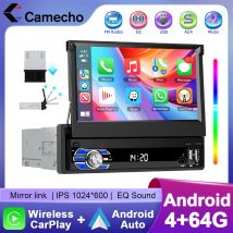 Camecho 4 + 64G Android 1 Din Radio de coche pantalla retráctil de 7 pulgadas Universal 1Din Autoradio inalámbrico Carplay Android Auto GPS Wifi