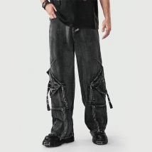 New Style Spring and Autumn Zippered Multi-pocket Trendy Flared American High Street Straight-leg Wide-leg Men's Jeans.