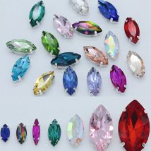 Alle Größen, 24 Farben, Marquise-Form, zum Aufnähen, Navette-Strassstein mit silbernem Krallenknopf, Pferdeaugen-Juwelen, 4 Löcher zum Nähen von Kleidung
