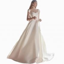 Vintage Sweetheart Wedding Dress Cap Short Sleeve A-Line Satin with Button Floor Length Bridal Robe De Mariée Sweep Train Gowns
