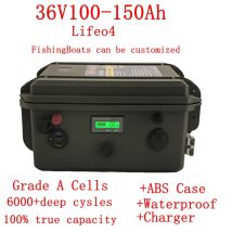 Batteria al litio impermeabile 36V 150Ah 100Ah 120Ah LiFepo4 con BMS per barche da pesca sistema solare motore EV RV + caricabatterie 10A