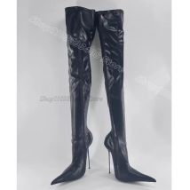 Schwarz matt Leder Metall Heels Stiefel spitzen Zehen britischen Stil Seite Reiß verschluss Frühling Mode über Knie Stiefel Zapatos Para Mujere