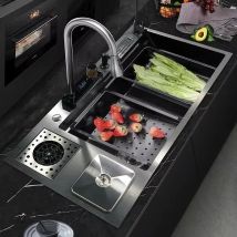 Edelstahl-Küchenspüle, Wasserfall mit Mülleimer, extra großer Einzelschlitz, multifunktionales Gemüse- und Schüsselwaschbecken