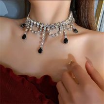 FYUAN Schwarze Wassertropfen-Kristall-Choker-Halsketten für Frauen, lange Quasten-Strass-Halsketten, Statement-Schmuck
