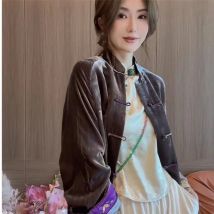 2023 neue Herbst Vintage Samt Jacke Frauen Chinesischen Stil Langarm Frosch Taste Floral Stickerei Lange Winter Mantel