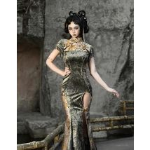 Blut versorgung original neue chinesische Cheong sam schlanke Kleid Krawatte Quaste Jacquard Tunika Taillen scheide lange Trompete Kleider Festival