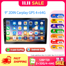 ESSGOO Autoradio 9" 2 DIN, CarPlay wireless, Android Auto, Android 14, Bluetooth, schermo tattile, 4+64G, GPS, navigazione, RDS, WiFi, USB, FM, DAB+, fotocamera, unità principale.