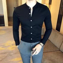 Männer Slim Fit Hemd 2025, Herbst Baumwolle Solide Stehkragen Casual Business Lange ärmeln Shirts Männlichen Mode Camisas Männer kleidung