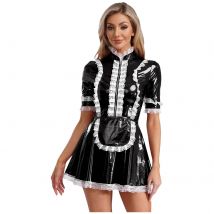 Sexy Damen-Kleid aus glänzendem Leder für Dienstmädchen, Dessous, Nachtwäsche, Rollenspiel-Kostüm, Kleid mit Spitzenbesatz und Schürze, Dienstmädchen-Uniform