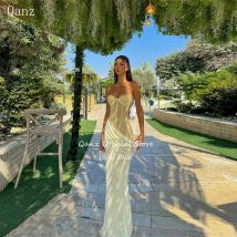 Qanz Elegant Women Evening Dresses Yellow Lace Sweetheart Mermaid Robes De Soirée Chiffon Backless Party Prom Gown Customized