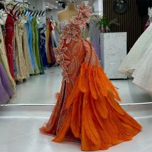 Orange Lange Federn Celebrity Kleider Meerjungfrau Perlen Kristalle Roter Teppich Runway Kleider Maßgeschneiderte Abendkleider Vestidos 2025