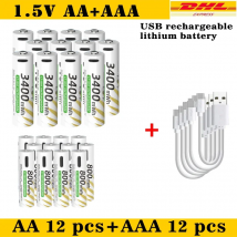 New Li-ion AAA and AA Rechargeable Batteries USB Lithium-ion 3400mWh 1.5V AA Rechargeable Batteries+800mWh 1.5V AAA Battery