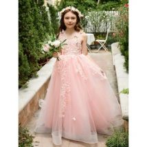 Prinzessin Rosa Blumenmädchenkleid Prinzessin Spitze Blumenapplikationen Tüll Flauschiger Rock Bodenlangen Ballkleider Kommunion Party
