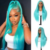Mintblaue synthetische Lace-Front-Perücken für modische Frauen, 61 cm langes, seidiges, glattes Haar, mintgrüne Perücke, 13 x 4 HD-Spitzenfront W