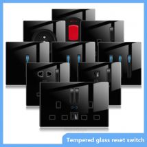 Luxury LED indicator light switch black tempered glass piano key Self-reset wall switch,UK EU Universal USB C Electrical socket
