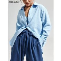 Bornladies 2025 frauen Frühling Sommer 100 % Baumwolle Shirts Büro Dame Modische Solide Dame Lange Hülse Lose Tops Crepe Shirts