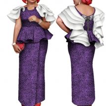 Afrikanische Damenbekleidung, Blumendruck, Rüschenärmel, Oberteil, Hemd und langer Rock, 2-teiliges