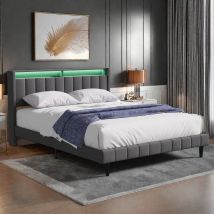 Letto imbottito Letto matrimoniale 140 x 200 cm, Letto idraulico con contenitore, Letto per ragazzi, Rete a doghe, Grigio, Lino, Senza materasso