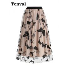 Tonval elastische Taille Schmetterling bestickt Mesh Overlay elegante lange Röcke für Frauen Vintage Midi Länge Falten rock